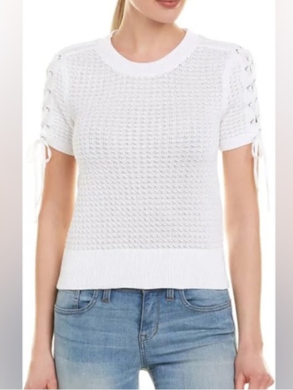 Rag & bone 100% cotton Iona white lace up open knit short sleeve sweater sz XS